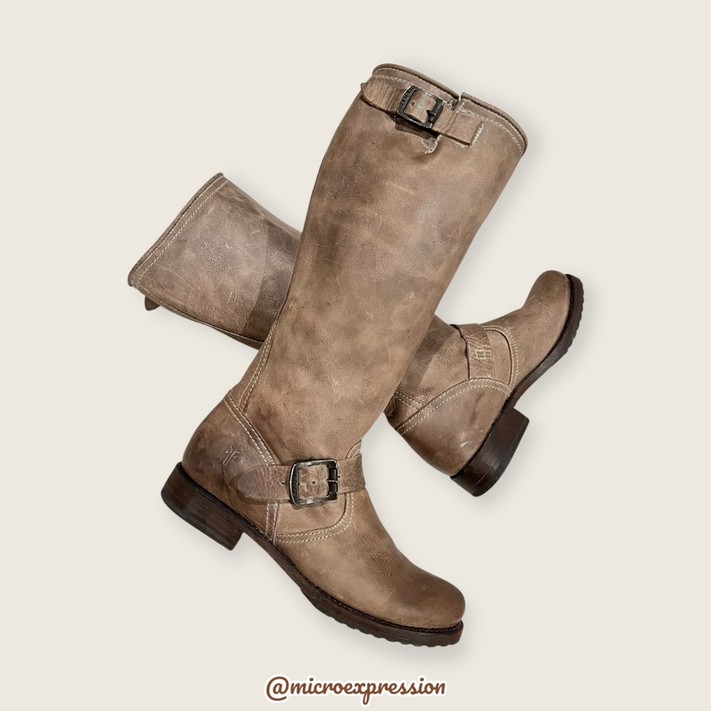 $399 Frye Veronica Slouch Tan Distressed Leather Engineer Moto Tall Buckle Boot - Picture 10 of 16
